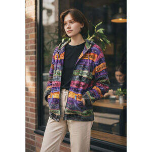 4907) KPC Multicolor Tie Die Patchwork Hippie Boho Razor cut Hooded Jacket XL